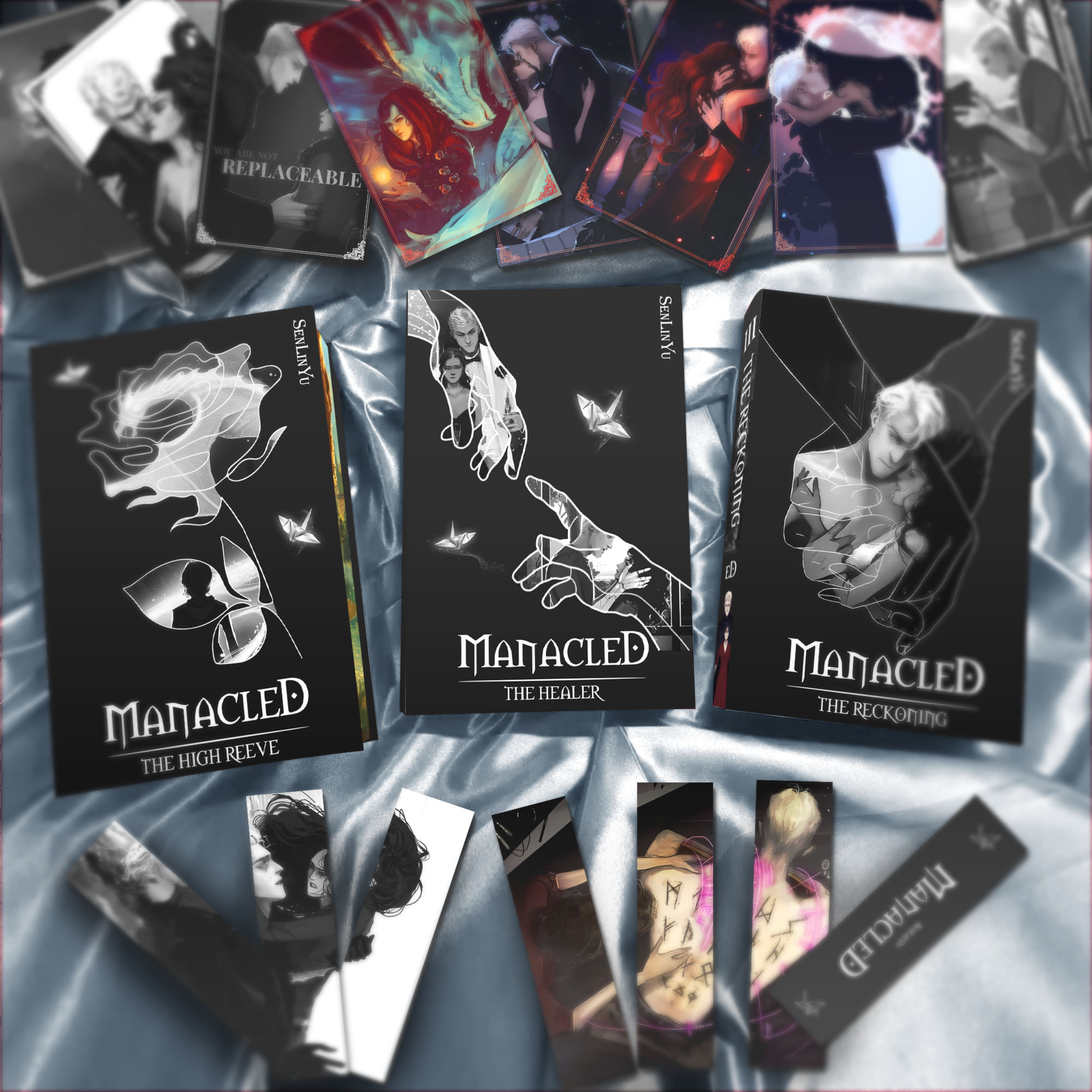 Manacled Book by Senlinyu | 3-Book Edge Painted Collector’s Edition | Black, Gray & Red Covers + Posters And Bookmarks