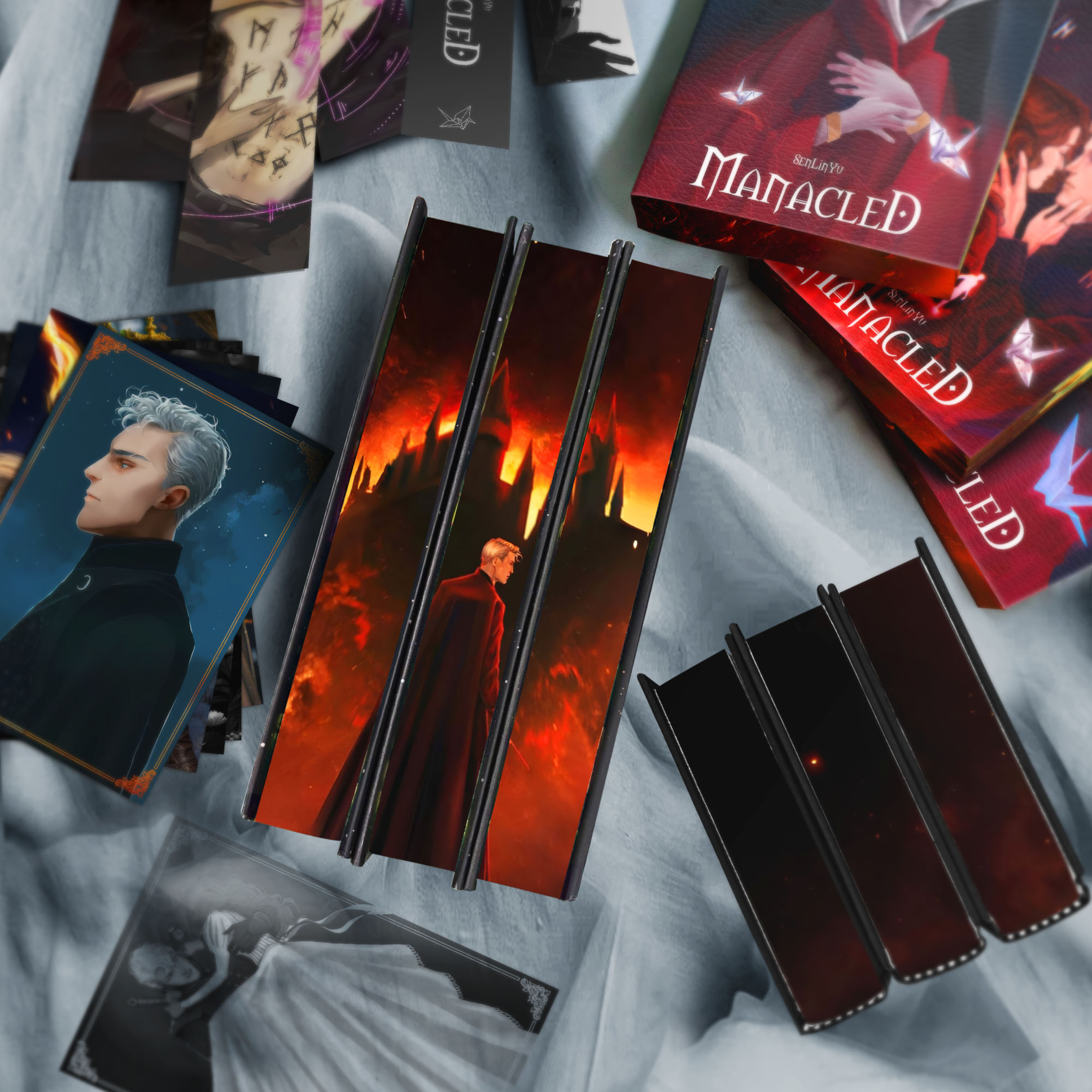 Manacled Book by Senlinyu | 3-Book Edge Painted Collector’s Edition | Black, Gray & Red Covers + Posters And Bookmarks