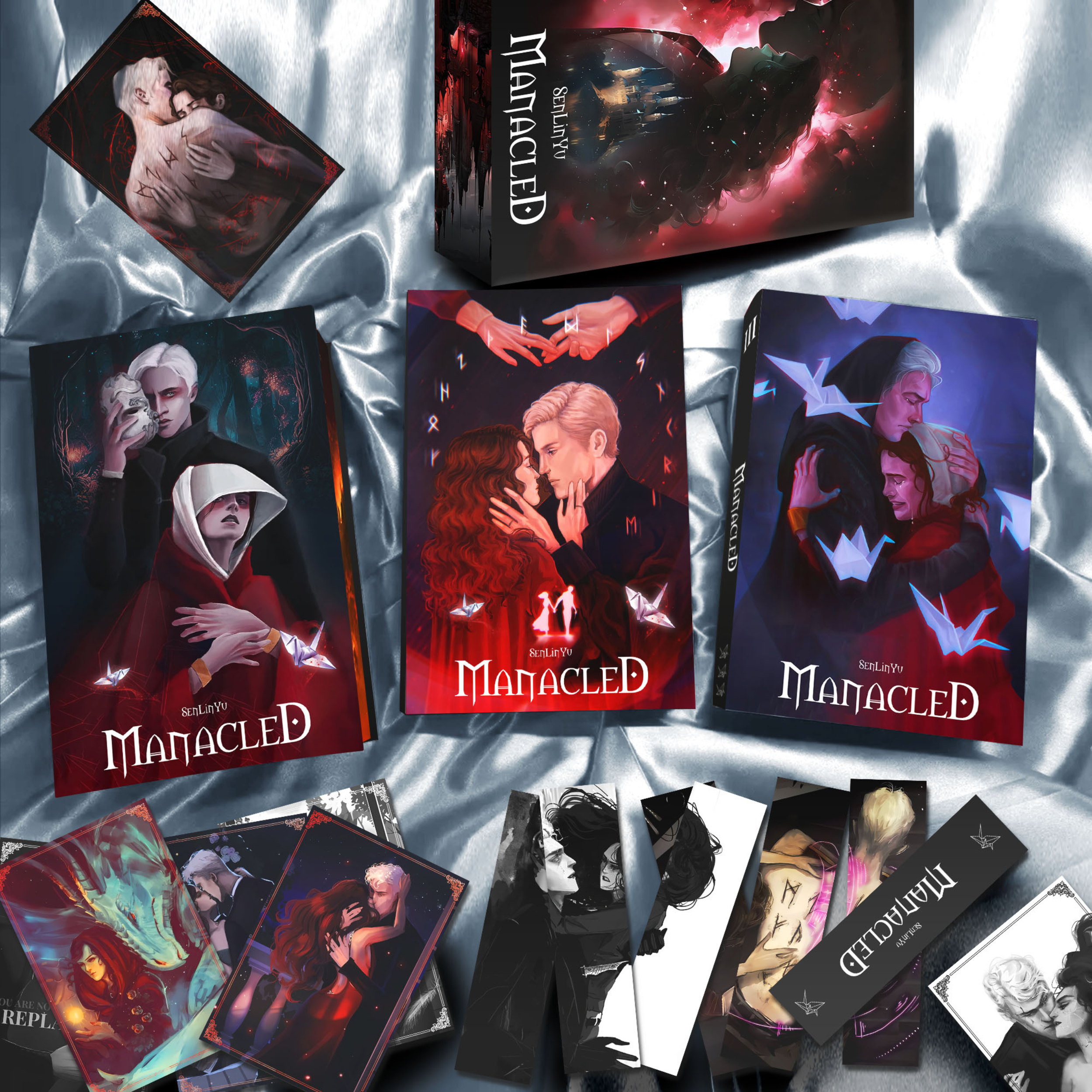 Manacled Book by Senlinyu | 3-Book Edge Painted Collector’s Edition | Black, Gray & Red Covers + Posters And Bookmarks